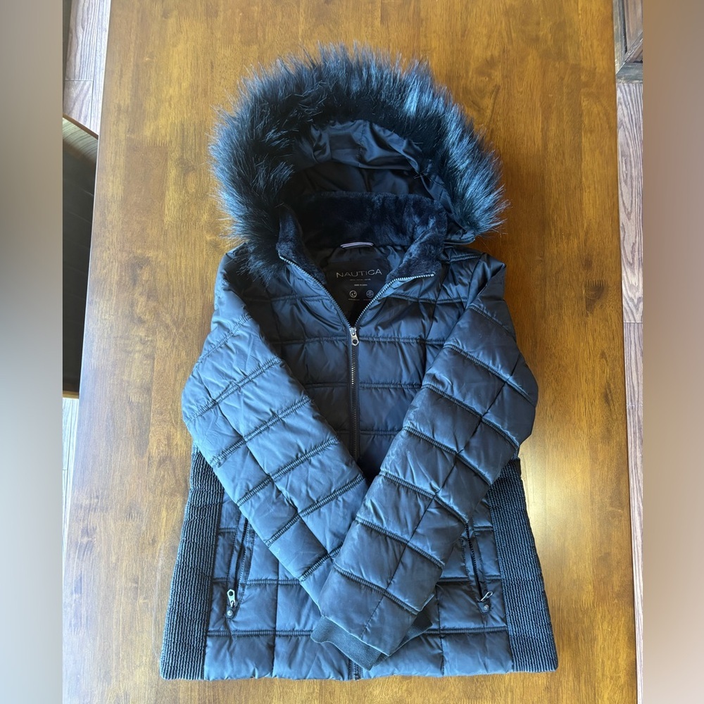 Nautica Black Puffer Jacket with Faux Fur Trim
